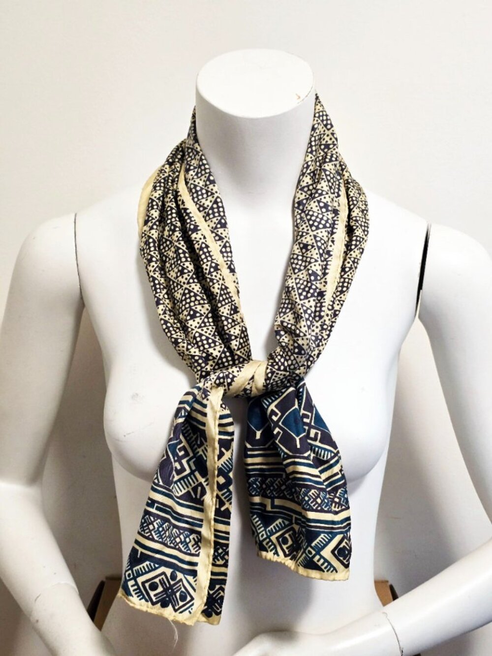 Vintage Stephen Burrows Silk Scarf Teal Blue Geometric Oblong 42x13 Signed